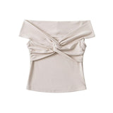 Spice Girls Folded Knot Stacked Short-Sleeved T-Shirt Chic One-Word Shoulder Pure Desire To Design The Body Of The Woman