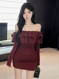 New Body-Repair Lotus Collar Dress Temperament Autumn Design Folds Thin Skirt Without Belt Hottie Sexy Word