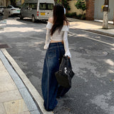 Autumn Deep Blue Vintage Cat Scratch Scimits Jeans Women Retro Water Wash Loose Broad Leg Drag Trousers