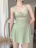 Yan Swimsuit Lady Pure Pink Dress Shading Belly Thin Conservative Hanging Neck Sexy Conjoined Hot Spring Korean Swimsuit