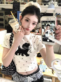 Summer Korean Vintage White Wave Point Cute Full Printed Puppy Short Sleeve T-Shirt Girl's Waist Showing Thin Shoulder Tide