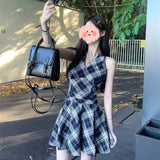 Black And White Lattice V-Neck Hanging Neck With Dress Women's Spring And Summer 2025 New Waist-Skinny A-Word Skirt