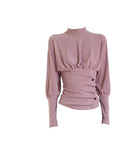 Small High-End Feeling New Chinese High-Neck T-Shirt Autumn And Winter New Slimming Waist Folding Button Bottom Shirt Woman