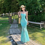 French Light Green Printed Mesh Sling Dress Women's Summer Seaside Vacation Pure Sexy Fishtail Ass And Hips