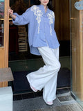 Linen Platt Embroidered Retro Blue And White Shirt / High-Waisted Straight-Legged Trousers Girl Summer Old Money Set Women's Clothing
