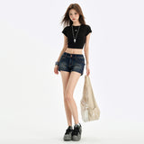 Vintage Low-Rise Double-Buckle Denim Shorts Women's Summer Design Feel-Up Elastic Skinny Hot Trousers