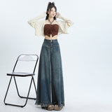 Hairy Light Blue Broad-Legged Jeans Women's New Design High-Waisted Loose-Hanging Trousers Skirt