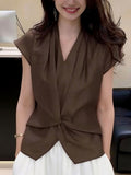 V-Neck Kinky Closing Waist Chiffon 2026 Summer New Thin Commute Dark Brown Daily Short-Sleeved Top