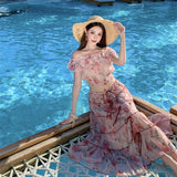 2025 Large-Size French Pure Lust Lotus Leaf Side By The Word Shoulder Dress Woman Summer Fat Vacation Half Skirt Broken Flower Set