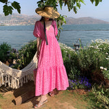 2025 Summer Dress New Gentle Style Retro Deep V-Neck Hollow Bubble Sleeve Short-Sleeved Dress Sweet Holiday Dress