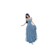 Sichuan Xinjiang Original Tourism Wearing Summer Blue To Wipe The Chest Irregular Net Yarn Skirt Suit