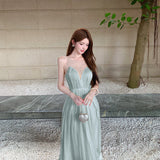 2026 New French Water-Light Wrinkled Skirt Hot Diamond Mesh Splicing Folding Dress Sanya Vacation Super Fairy