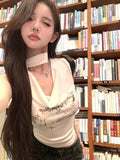 Summer Slim Ribbon Babes Design With A Thin Short Top White Print Neckless Vest T-Shirt Girl