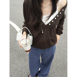 Design Sense Big V Collar Button Loose Feeling Long-Sleeved Knitted Shirt Women Early Autumn New Loose Folding On The Head