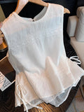 White Embroidery Linen Spliced Sleeveless Top Dress New Design Temperament Loose Thin Outer Wear Vest