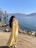 French Fashion Seaside Holiday Yellow Sling Dress Women Summer Loose Casual Beach Dress Fairy