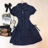 Vintage Wears The College Style Lace Side Spliced Blue Retro Shirt Dress Ancient Style Skirt