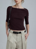 Temperament Retro Boatneck Seven-Sleeve T-Shirt For The Summer Of 2025 New Minimalist Commuter Top