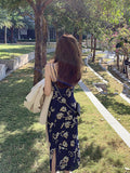 Haitang Flower Opening Silk Slant Cutting Series Temperament Print Sling Skirt Hanging Neck V-Neck Opening Dress