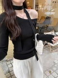 Black Body Ribbon De-Yvet Bottom Shirt Women Spring And Autumn New Design Feel Shoulder Tidling Shoulder Tide