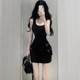 Pure-Want Hottie Black Workwear Vest Dress Girl Retro Waist Slimed Waists Slings Slings Short Skirts