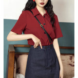 Hong Kong Style Retro Summer Wine Red POLO Direct Straight Loose Regular T-Shirt Small Children's Top