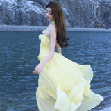 Small-Sized Design High-End Tea Break French Chic Beauty Small Fragrant Wind Seaside Holiday Yellow Hanging Neck Dress
