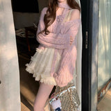 Long Thousands Of Gold Color Dyed Purple V Neck Scarf Wool Knitted Cardigan Coat