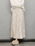 Silk Velvet Skirt, Spring And Autumn Winter Beige Gentle Folded Skirt High-Waist A Word 100 Fold Skirt Dress Girl