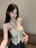 Purely Sexual Lace Tat Bra Wearing Female Sweet Hot Babes Thin Slings Summer Hanging Neck Short Waistcoat