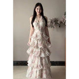French Broken Flower Collar Hanging Neck Dress Women's Summer Small Temperament To Close The Waist Big Swing Leaves Side Long Skirt