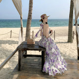 2026 High-End French Holiday Style White Violet Verb Flower Hanging Neck Chiffon Cake Dress Femininity Dress Super Fairy