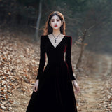 Toasting Host Annual Meeting Dress Dress High-End Light Luxury Niche Temperament Famous Red Velvet V-Neck Dress