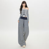 2025 New Autumn And Winter Striped Loose Comfortable Trousers Blue And White Drawstring With Elastic Slack Design Sense