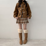 Korean Chic Autumn And Winter Retro Aging Horn Buckle Hood Loose Short Hair Coat Coat 3 Colors