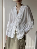 2026 Spring And Summer French V-Neck Lace Lace Hook Blace Sleed Sleep Shirt Women's Relaxed Comfort Premium Sense