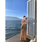 2026 Want To Burn The City Hanging Neck Card Color Splicing Dress Close Waist Tight Birthday Dress Famous Slings Long Skirt