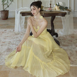 Small-Sized Design High-End Tea Break French Chic Beauty Small Fragrant Wind Seaside Holiday Yellow Hanging Neck Dress