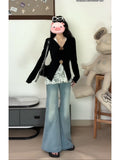 Early Autumn Korean Version Of Temperament V-Neck Black Woman 2025 New Sweet Babes Design Slimming Long Sleeve Tops Ins