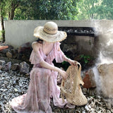 Pink Floral Dress Summer Girl 2026 New Tea Break French High-Grade Feeling Irregular Lotus Leaf Side Chiffon Long Dress