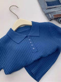This Year's Popular Polo Collar Blue Knitted Short-Sleeved T-Shirt Woman 2025 New Slimming Blouse