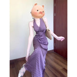 Hong Kong Style Retro Wave Point Hanging Neck Dress Female Summer French Holiday Style Temperament V. Waist Show Skinny Dress Purple