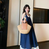 Blue Lattice Sleeveless Dress French Literary Style Retro Small Fresh Holiday Sling Vest Long Dress