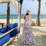 2026 High-End French Holiday Style White Violet Verb Flower Hanging Neck Chiffon Cake Dress Femininity Dress Super Fairy