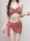 Vintage Striped Neck Swimsuit Female Three-Piece Bikini Burqa Skirt Hottie Holiday Photo Swimsuit