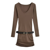 Gentle Sister French Knitting Dress Women Autumn And Winter Repair Waist Plus Velvet V-Neck Temperament Bag-Guff Dress