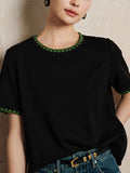 Clamming Lace Embroidery Round Collar Shoulder Short-Sleeved T-Shirt Topess Women 2025 Summer