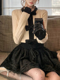 Autumn A Set Of Evening Star Slats Small Fragrant Feel Vertical Black And White Bow Bump Color Waist Knitted Shirt