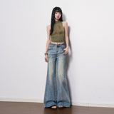 Light Blue Water Wash Elasticity Low-Rise Jeans Women 2026 Spring New Thin Texture Without Leg Horn Pants