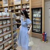 French Literary Style V-Neck Blue Bubble-Sleeved Dress Small Men With Female Fairy-Enender Waist Dress